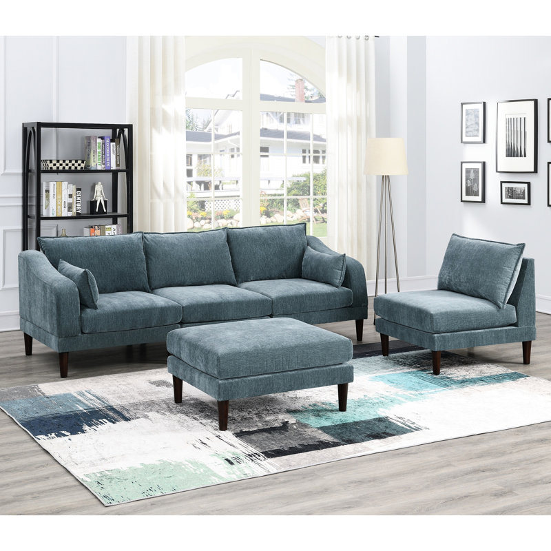 5Pcs Modular Sectional , Mineral Color, Cushions, 2X One Arm Chairs, 93"X33"X31", Wood Leg Couch 5Pcs, Classic Design, 33"X33"X31