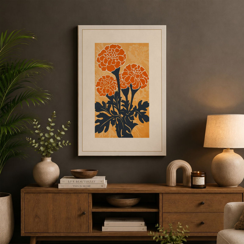 Orange Blooms on Navy Botanical - Wrapped Canvas, 30x20 - 76.2 x 50.8 cm, Sage Border