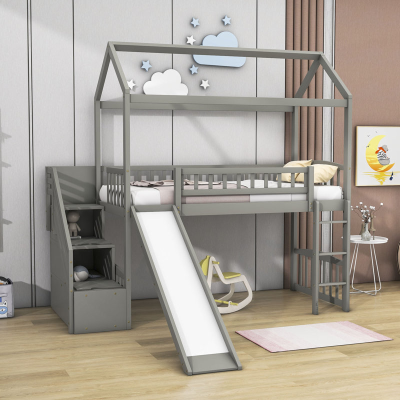 Kaing Twin Size Loft Bed with Slide and Storage, Gray