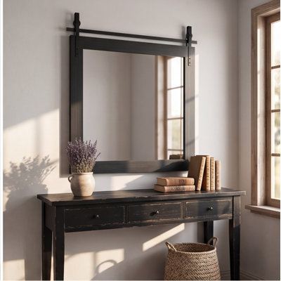 Miroir mural de ferme 31 po x 31 po, cadre en faux bois noir rustique, miroir de meuble-lavabo rétro de style porte de grange