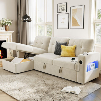 Canapé-lit en L 84 po avec rangement, USB et DEL, velours beige