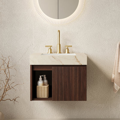 Meuble-lavabo 24 po, meuble de rangement flottant, comptoir en pierre frittée crème et cuve en céramique avec 3 trous de robinet pré-percés, pré-assemblé, sans robinet et ensemble de drain