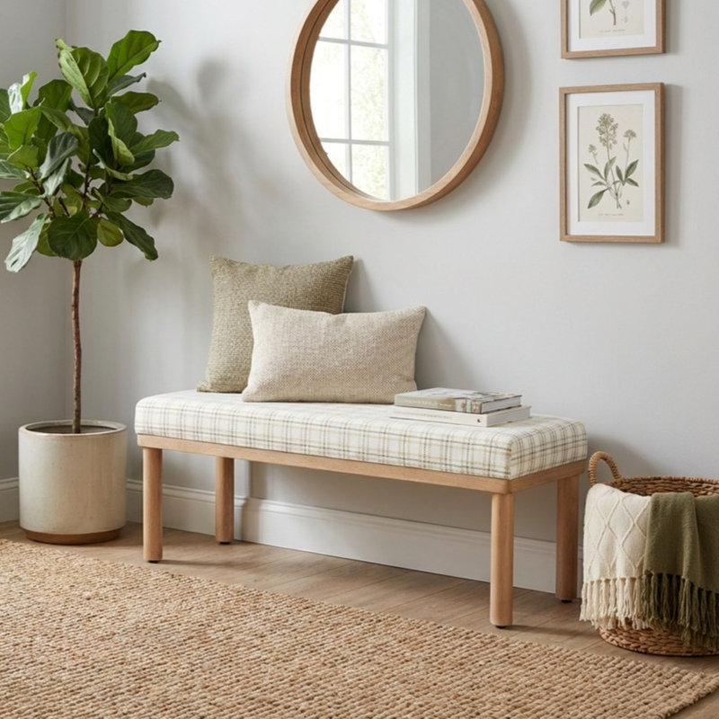 Shikera Upholstered Bench, Natural Plaid Woven
