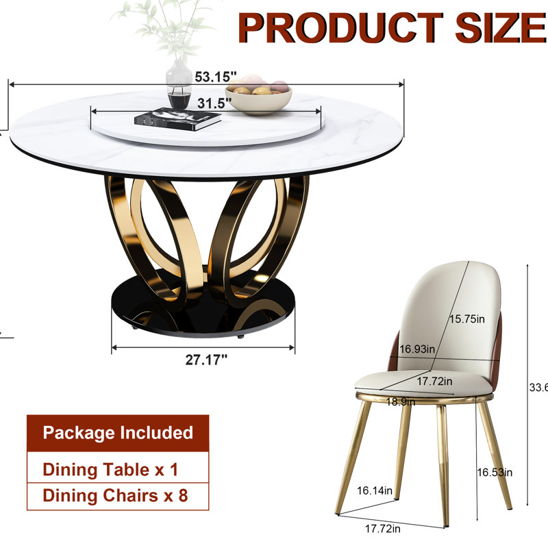 Table de salle à manger ronde de 53 po, fonction rotative à 360 ° exquise, pierre teintée frittée, style moderne pour 8 personnes assises dans une cuisine compacte, plateau en pierre, surface américaine