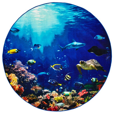 Pixel Perfect Explore the Ocean Photo Printed Tufted Blue/Red/Brown Rug