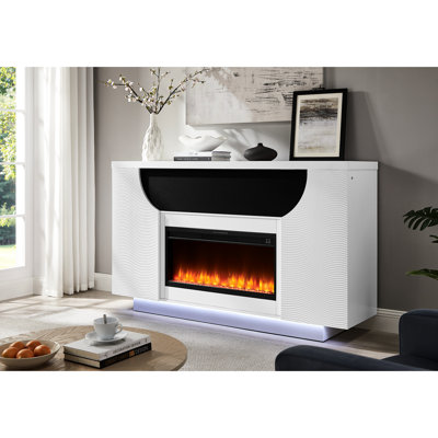 White Electric Fireplace 76 Inches With Tv Lift, 15 Temperature Ranges, 7 Led Color Variations, 5 Flame Speeds, 8 Shapes, Sleep Timer, Remote - Ideal For 1500 Sq Ft Primary Living Room, Contemporary