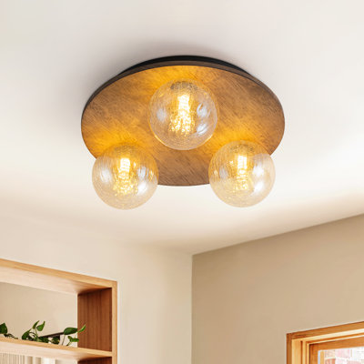 3 - Light Crackled Glass Wooden Round Semi Flush Mount