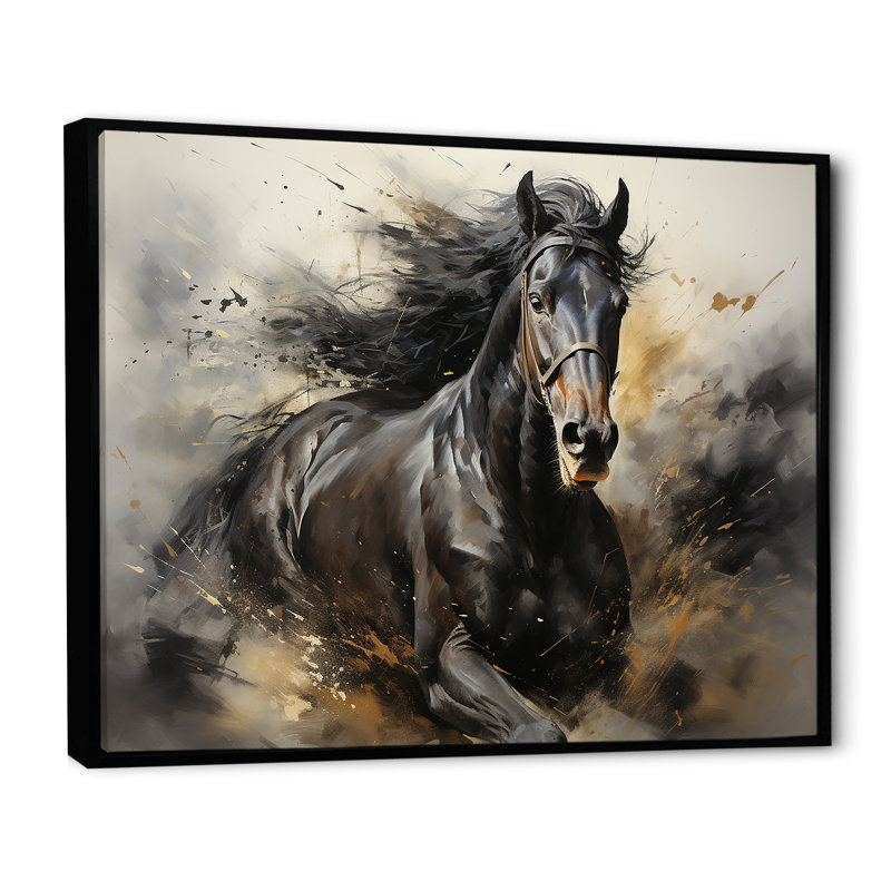 Étalon noir en mouvement I - cheval, art mural, H 34 po x l 44 po x P 1,5 po, Cadre flottant noir