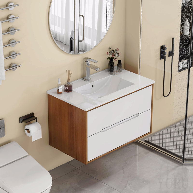 Meuble-lavabo mural de 81 cm avec lavabo intégré, armoire à double tiroir, système de fermeture amortie, lavabo en céramique, bois massif, installation facile, design unique sans poignées, noyer et blanc