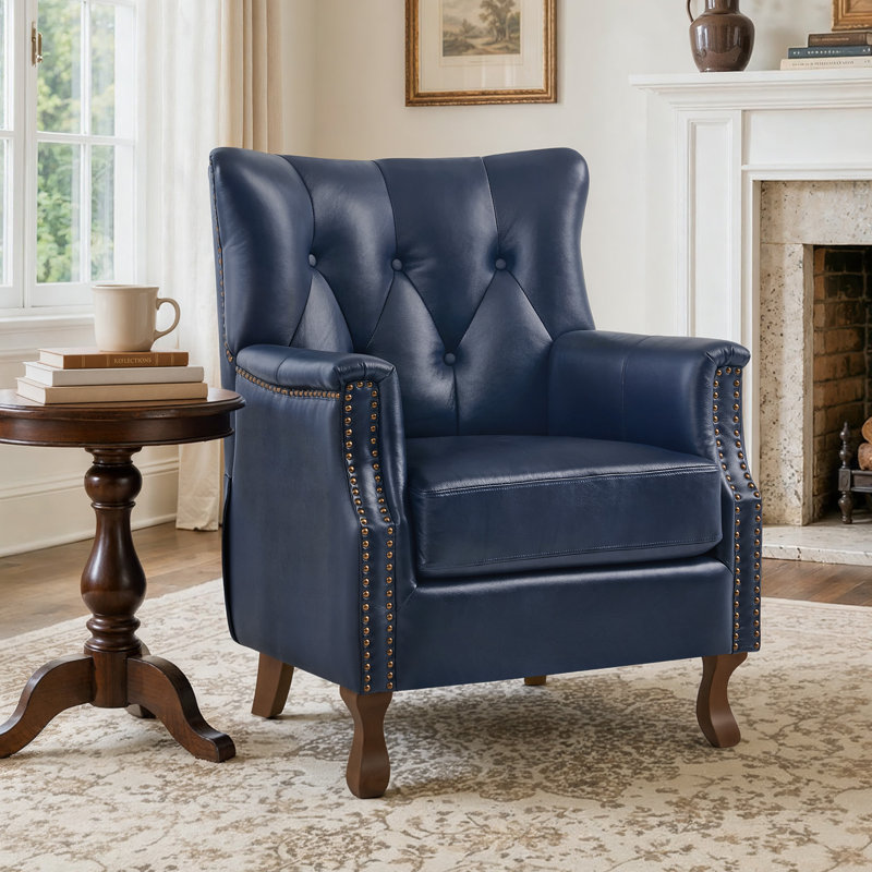 Fauteuil d'appoint Redi 29,5 po (75 cm) de largeur en cuir véritable avec dossier capitonné, idéal pour le salon, la chambre ou le bureau.