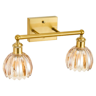 Éclairage pour meuble-lavabo à 2 lumières en or brossé, adapté à la salle de bain, avec abat-jour en verre tulipe ambré nervuré, luminaire de salle de bain