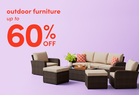 Outdoor furniture up to 60 percent off, featuring a patio sofa set with wicker chairs, ottomans, and a coffee table against a light purple background.