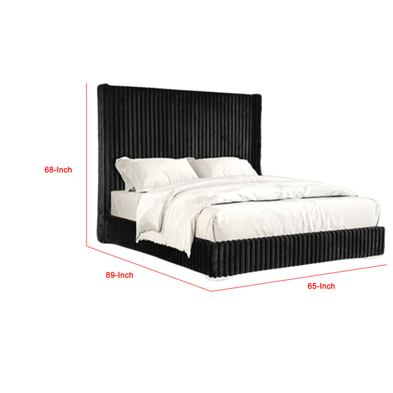 Wolo Queen Bed, Black Fur Chenille Ribbed Upholstery, Wing Headboard, Black, Queen