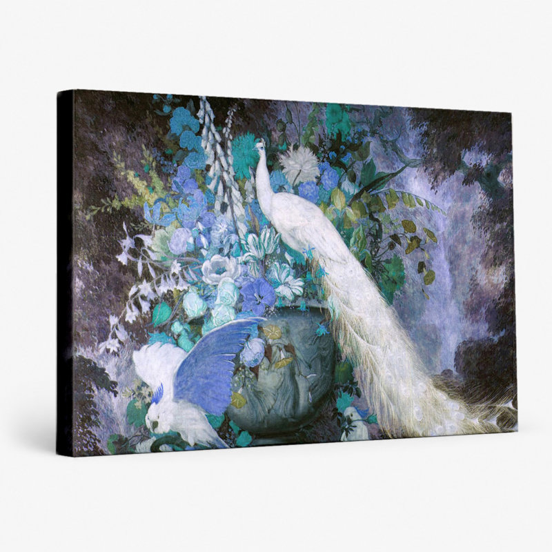 Paons blancs et fleurs - art mural sur toile paysage, 18" W x 12" H