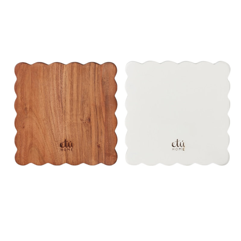 Plateau à fromage festonné pour apéritifs - Lot de 2 - Blanc/Naturel