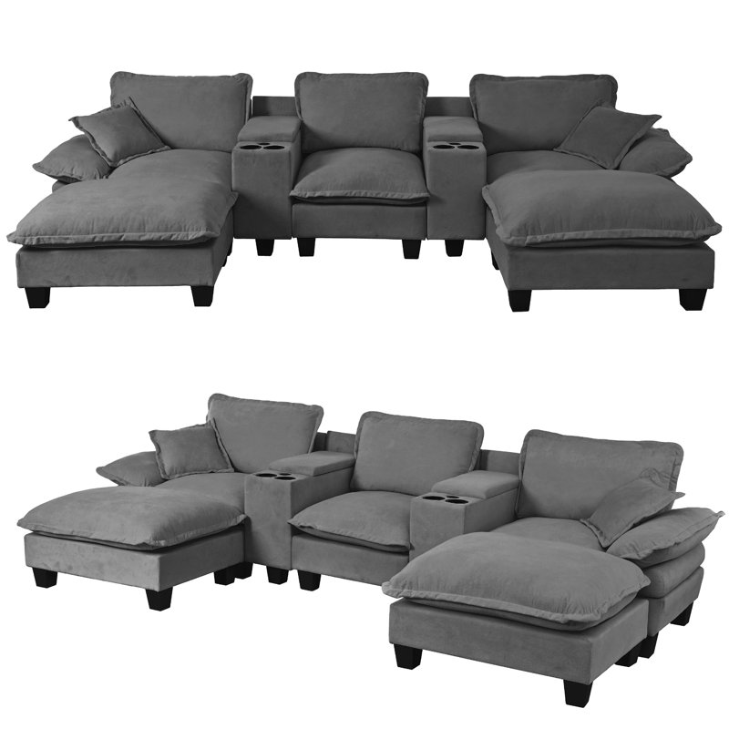 Canapé modulaire en U à 5 places avec porte-gobelets, rangement et port USB, 2 repose-pieds et 2 coussins, tissu chenille doux pour le salon
