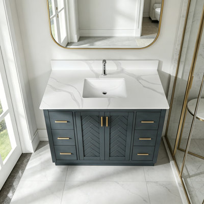 43-Inch Quartz Bathroom Vanity Top, 3/4" Thick With Undermount Single Bowl Middle Sink, 4 Inch High Backsplash, 1 Pre-Drilled Faucet Hole, Stain & Heat Resistant, Carrara White Quartz With Veins