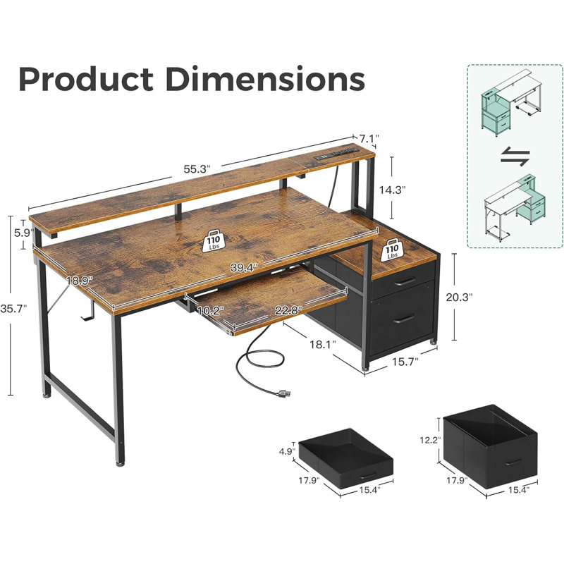 Computer Desk With Drawers, 55" Office Desk With Keyboard Tray And Power Outlet
