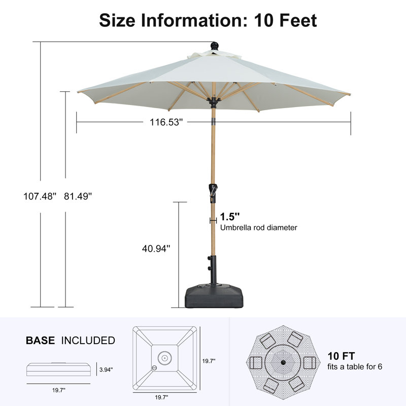 Parasol de marché rond de 10 pi avec base et parapluie de marché en aluminium avec manivelle et 8 nervures pour le jardin extérieur