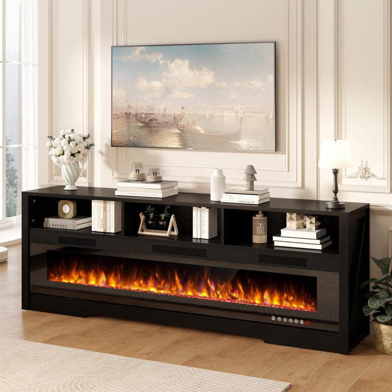 Crédence de rangement Alazik avec foyer électrique inclus, Noir, noir, noir, noir