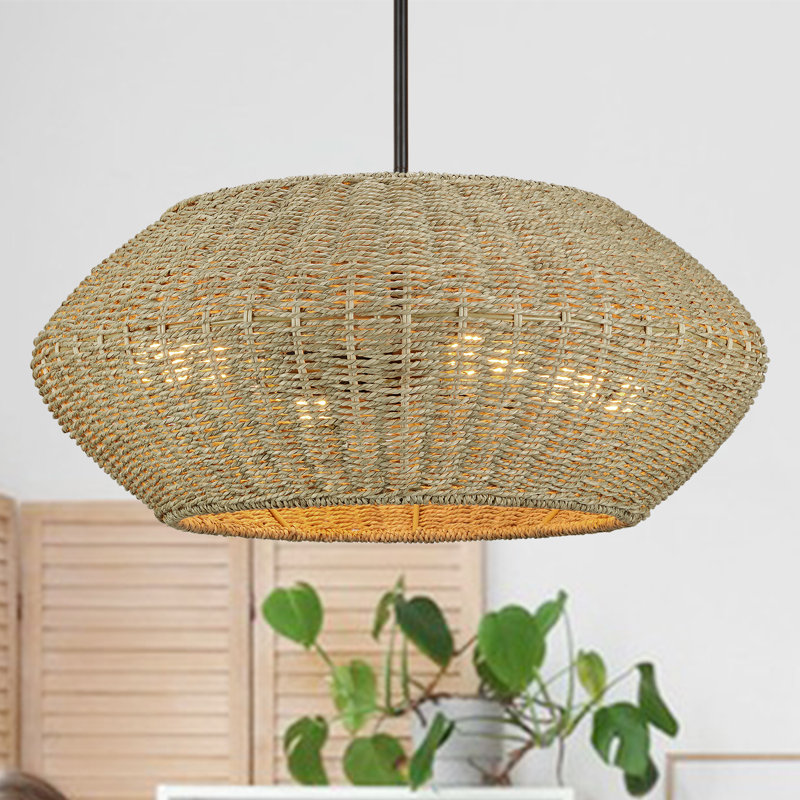 Lustre géométrique en rotin tropical 4 lumières 20 pouces avec finition noire et hauteur réglable