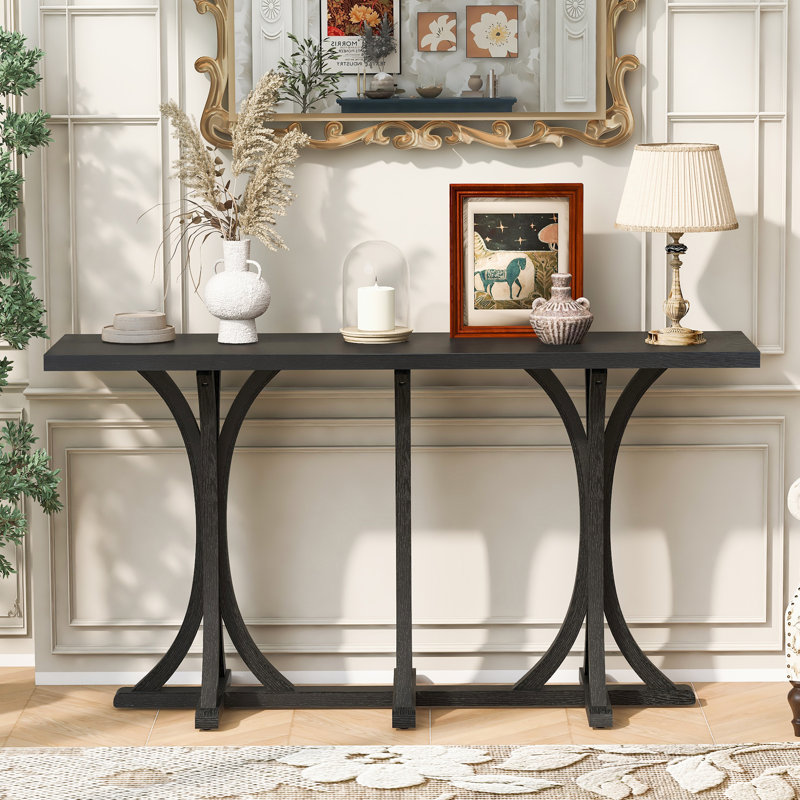 Console de 59,8 po en bois avec plateau en placage de chêne, table d'entrée de ferme avec pieds courbés minces en bois d'hévéa, parfaite pour le salon, le vestibule, le couloir et les espaces de salle à manger.