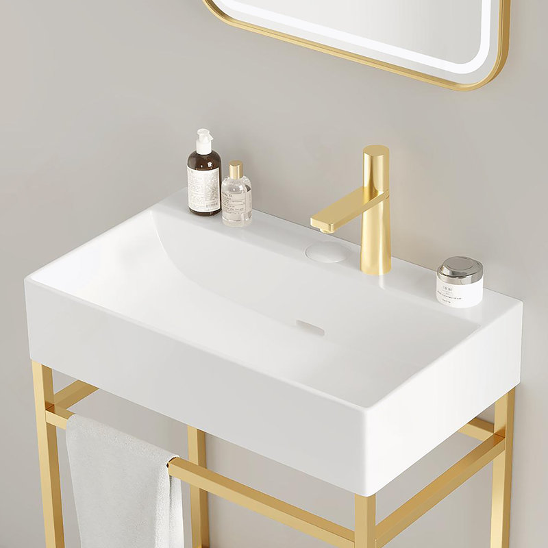 Meuble-lavabo 24 po avec lavabo en céramique, ensemble de lavabo console sur pied, lavabo rectangulaire en céramique blanc brillant sans robinet, pieds en métal ouverts, tablettes de rangement, doré