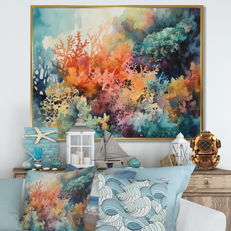 «Vibrant Coral Reef I - Modern Beach», art mural, H 34 po x l 44 po x P 1,5 po, Cadre flottant doré