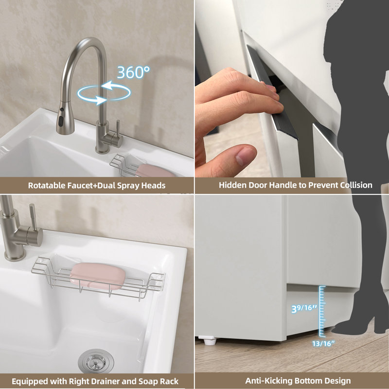 Freestanding 30'' Light Grey Laundry Sink Cabinet with Hot & Cold Water Faucet Drop-in Solid Surface Utility Sink