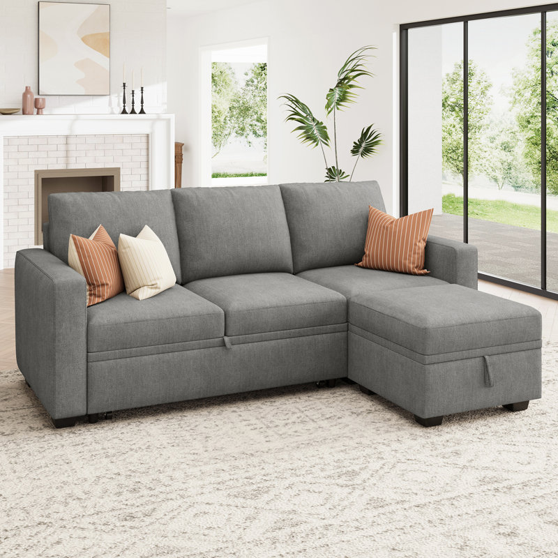 Anureet L-Shaped Sectional Modular Sofa Bed With Storage Seat, Gray Polyester Blend