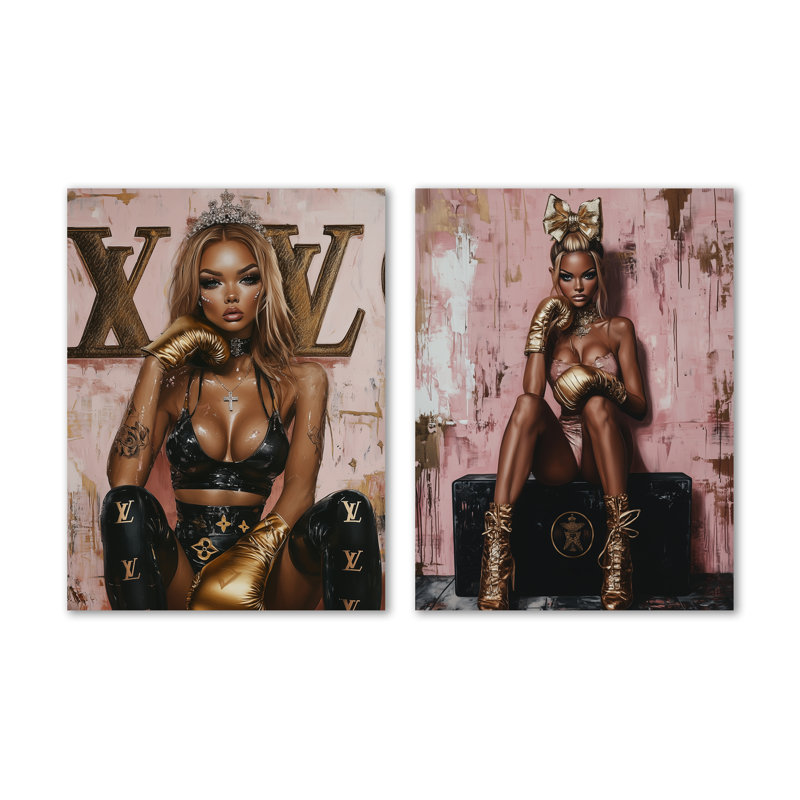 «Blonde Boss Girl Fashion Addict I», ensemble de 2 reproductions d'art murales modernes en métal, 32" H x 48" W