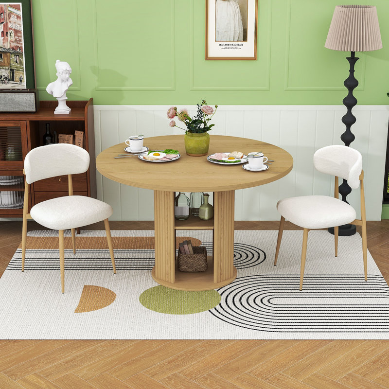 Ensemble de table de salle à manger 3 pièces avec 2 chaises en velours et une tablette de rangement à deux niveaux, Naturel