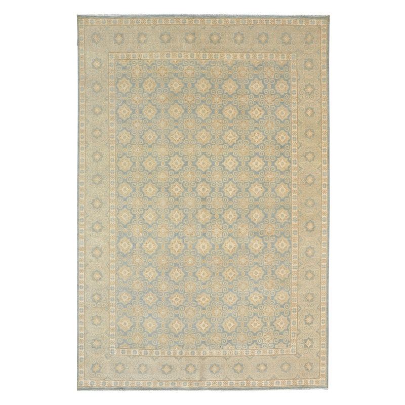Tapis en laine noué à la main en beige / bleu, Rectangle 9 pi x 12 pi