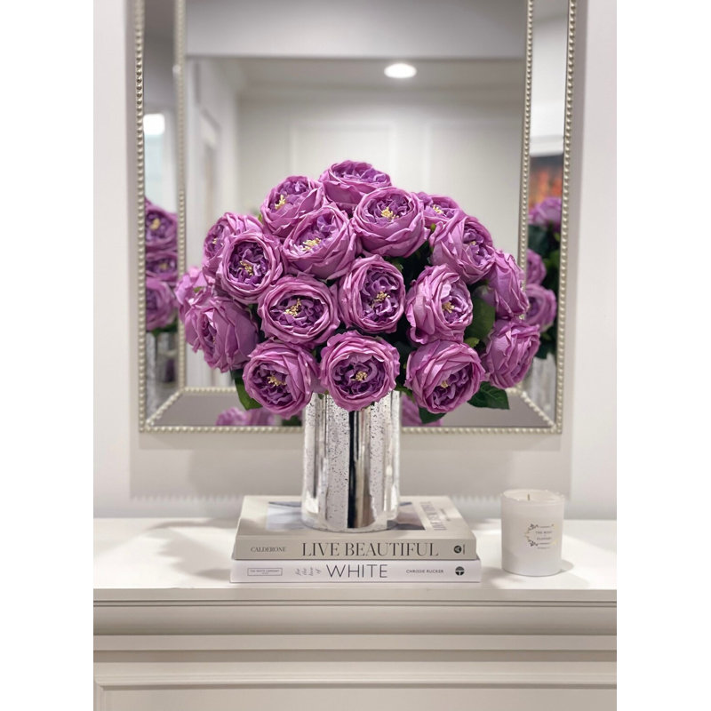 Large Purple English Rose Centerpiece In Tall Silver Vase - Luxury Decor
