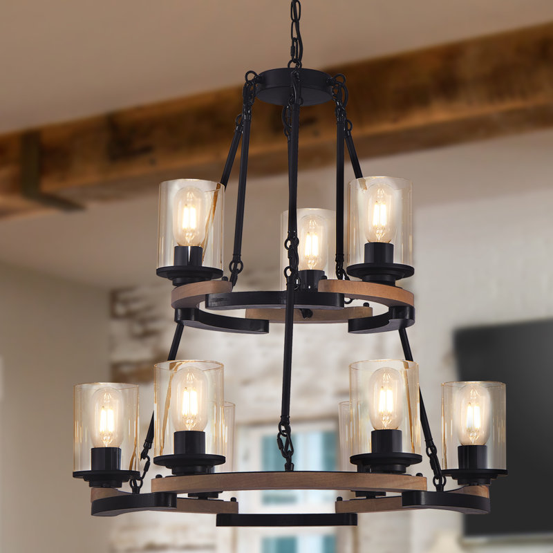 Lustres réglables 9 lumières, maison en métal rustique en bois