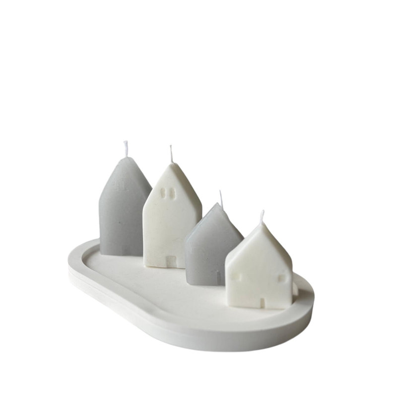 Ensemble de bougies élégantes 5 pièces, supports en béton blanc avec bougies de soja | Comprend 2 bougies (2,4 x 2,0 x 1,2 po) et 2 bougies (2,8 x 2,0 x 1,2 po) + assiette décorative (7,1 x 3,5 x 0,8 po) | Parfait pour la décoration intérieure et l