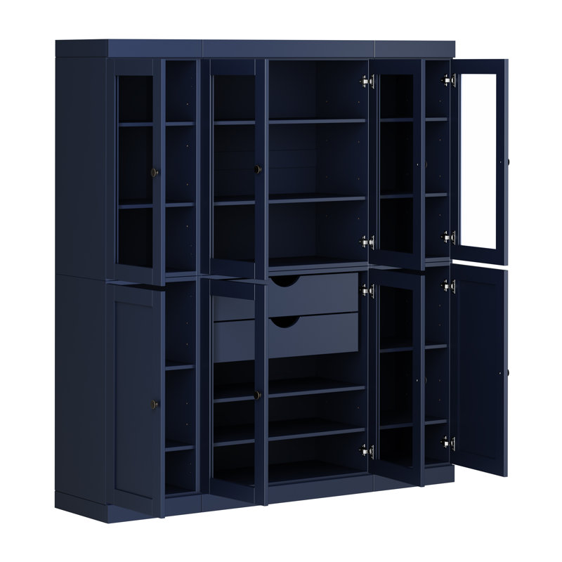 Vaisselier 100% bois massif 65 po avec verre transparent, portes Shaker, 2 tiroirs et tablettes réglables, Marine