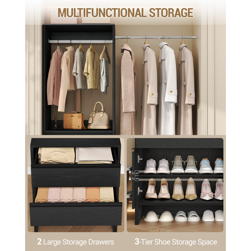 Closet System with 2 Drawers, Walk-in Closet Organizer System Wooden Storage Systems with 4 Hang Rods & Shoe Cabinet, Wardrobe Clothes Rack Garment Rack Fits Spaces 6-10 ft, Black