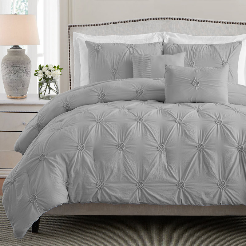 Floral Pintuck 3PC Comforter Set, Soft Microfiber, Pastel Colors, Lightweight Bedding Set, Full/Queen Comforter + 2 Shams