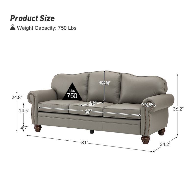 Damore 81'' Wide Genuine Leather Sofa, Gray