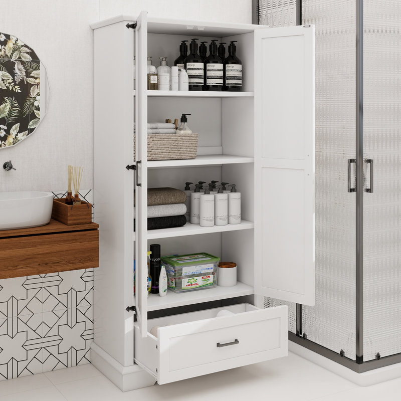 Grande armoire de rangement pour salle de bain, armoire avec deux portes et un tiroir, tablette réglable, panneau de fibres à densité moyenne, blanc