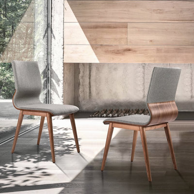 Mid-Century Dining Chair In Walnut Finish And Gray Fabric - Set Of 2