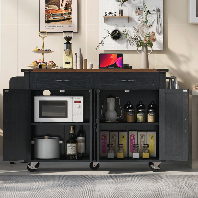 53.5''Farmhouse Kitchen Island With Power Outlet, Kitchen Storage Island With Drop Leaf, Spice Rack And Drawer, Black
