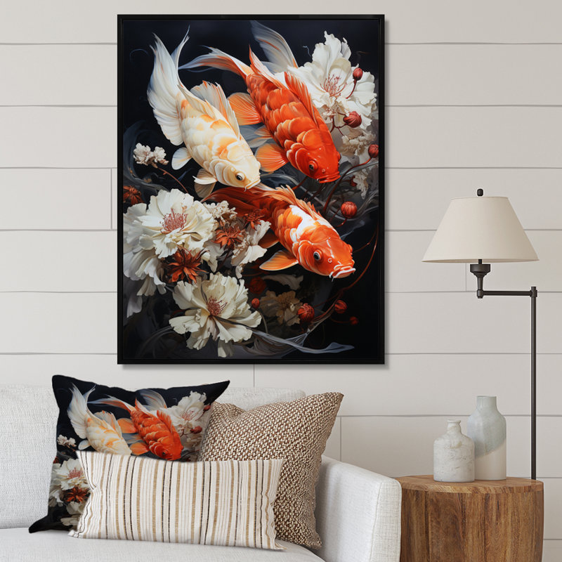 «Fishing Contemporary Koi Fish III», reproduction sur toile, H 20 po x l 12 po x P 1 po, Cadre flottant noir