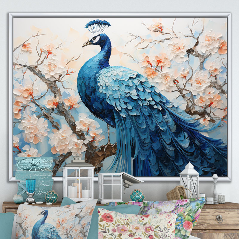 «Flower Peacocks Vibrant» sur toile, H 24 po x l 32 po x P 1 po, Cadre flottant blanc