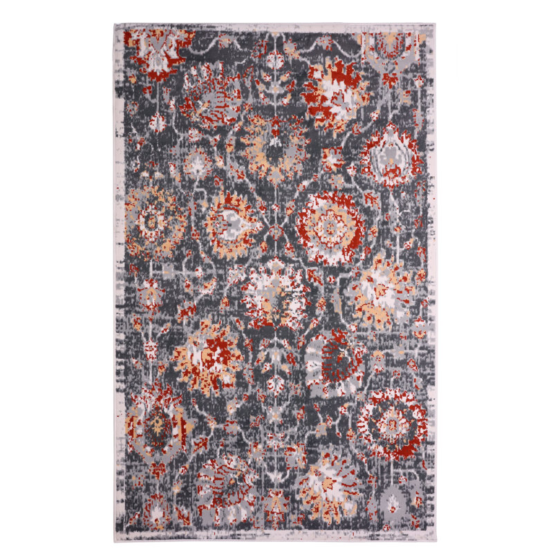 Tapis marocain gris foncé / rouge, Rectangle 3 pi 6 po x 5 pi 6 po