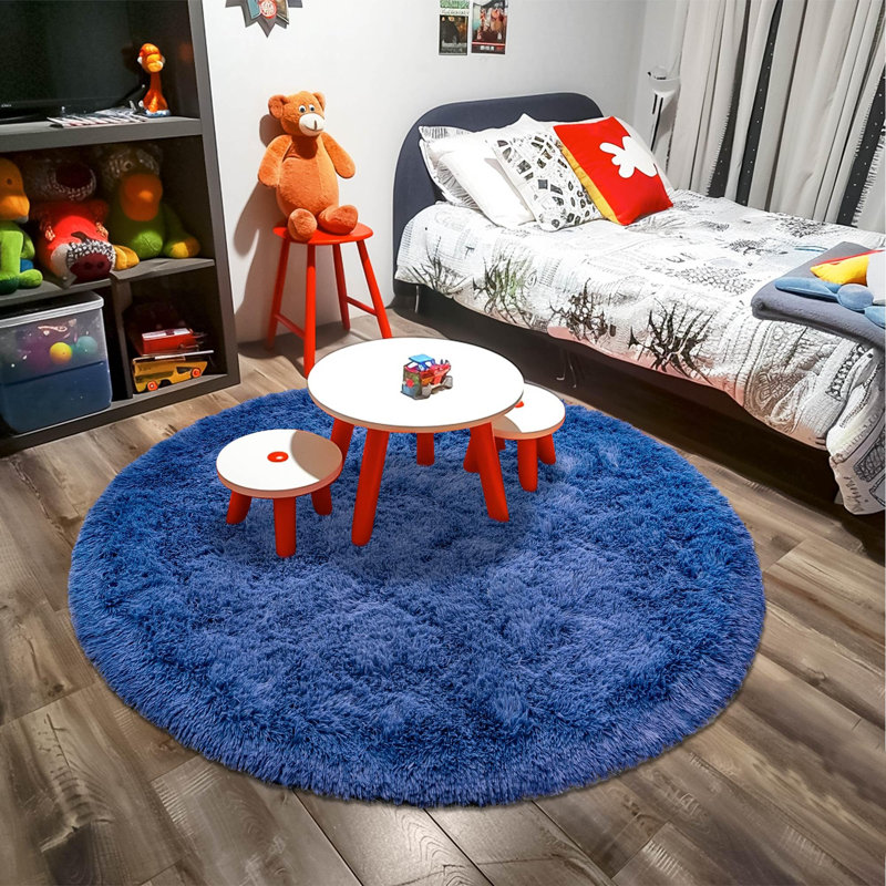 Tapis uni bleu moelleux pour le salon, la chambre de bébé et la chambre d'enfant, Rond 6 pi