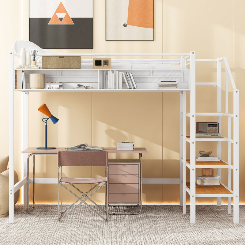 Lit mezzanine simple en métal avec grille de rangement supérieure et échelle de rangement latérale, Blanc