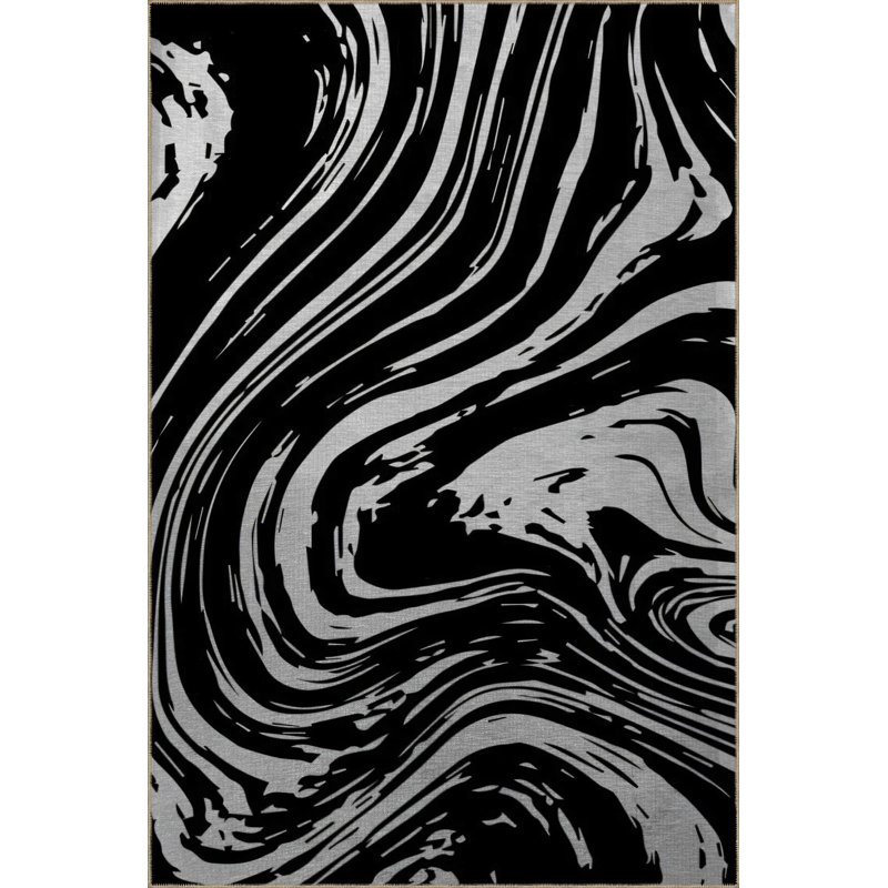 Tapis noir lavable à motif abstrait en spirale, Sous-tapis rectangulaire de 3 pi 3 po x 9 pi 10 po