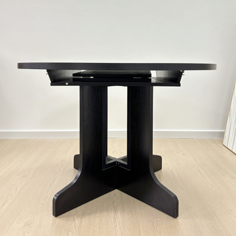 Dining Table For Farmhouse Kitchen Expandable Oval Table Top With Removable Leaf Trestle X Shaped Base, Black, Gray